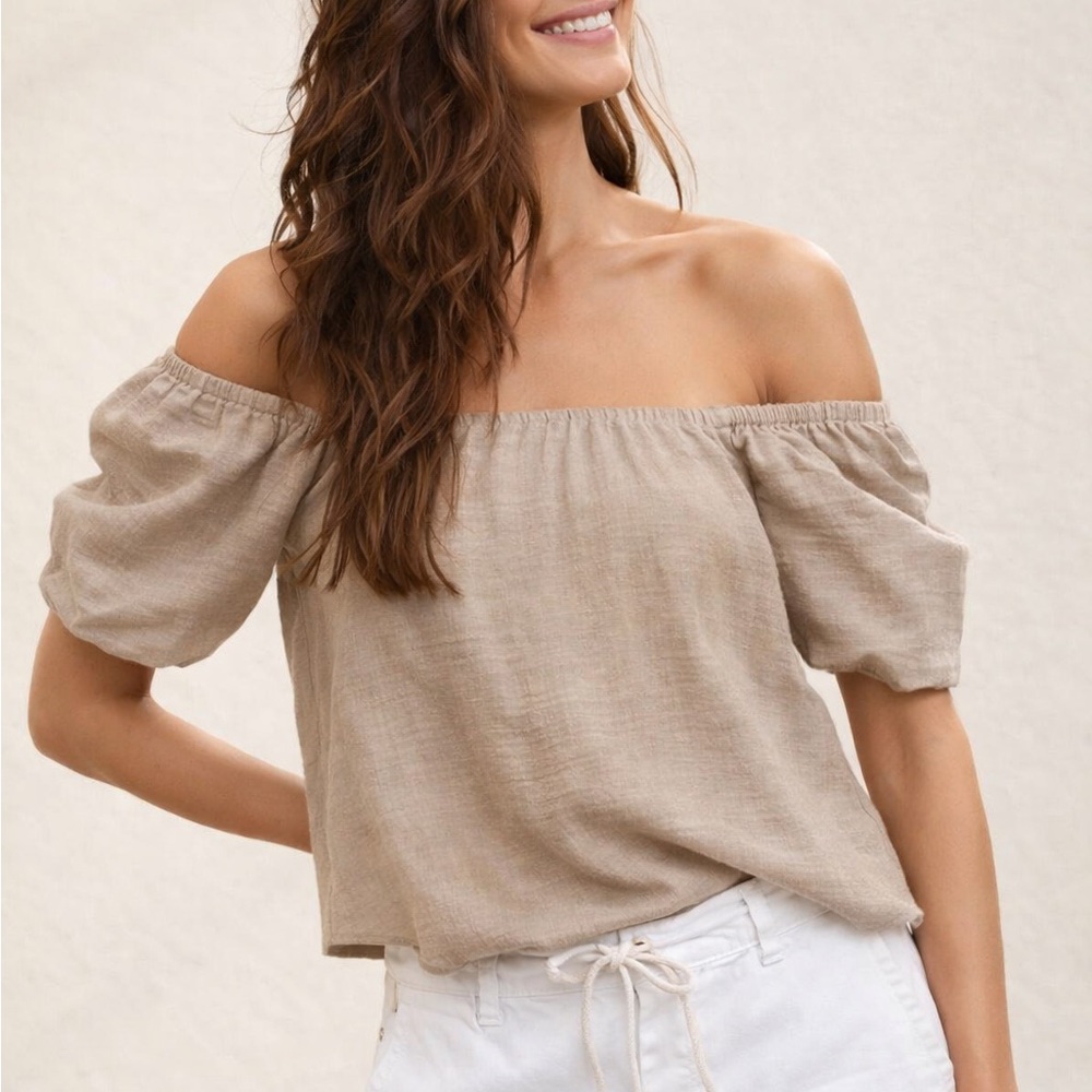 NWT Aerie Off-Shoulder Cotton Blend Top in Beige - SZ Small Retail $54.95